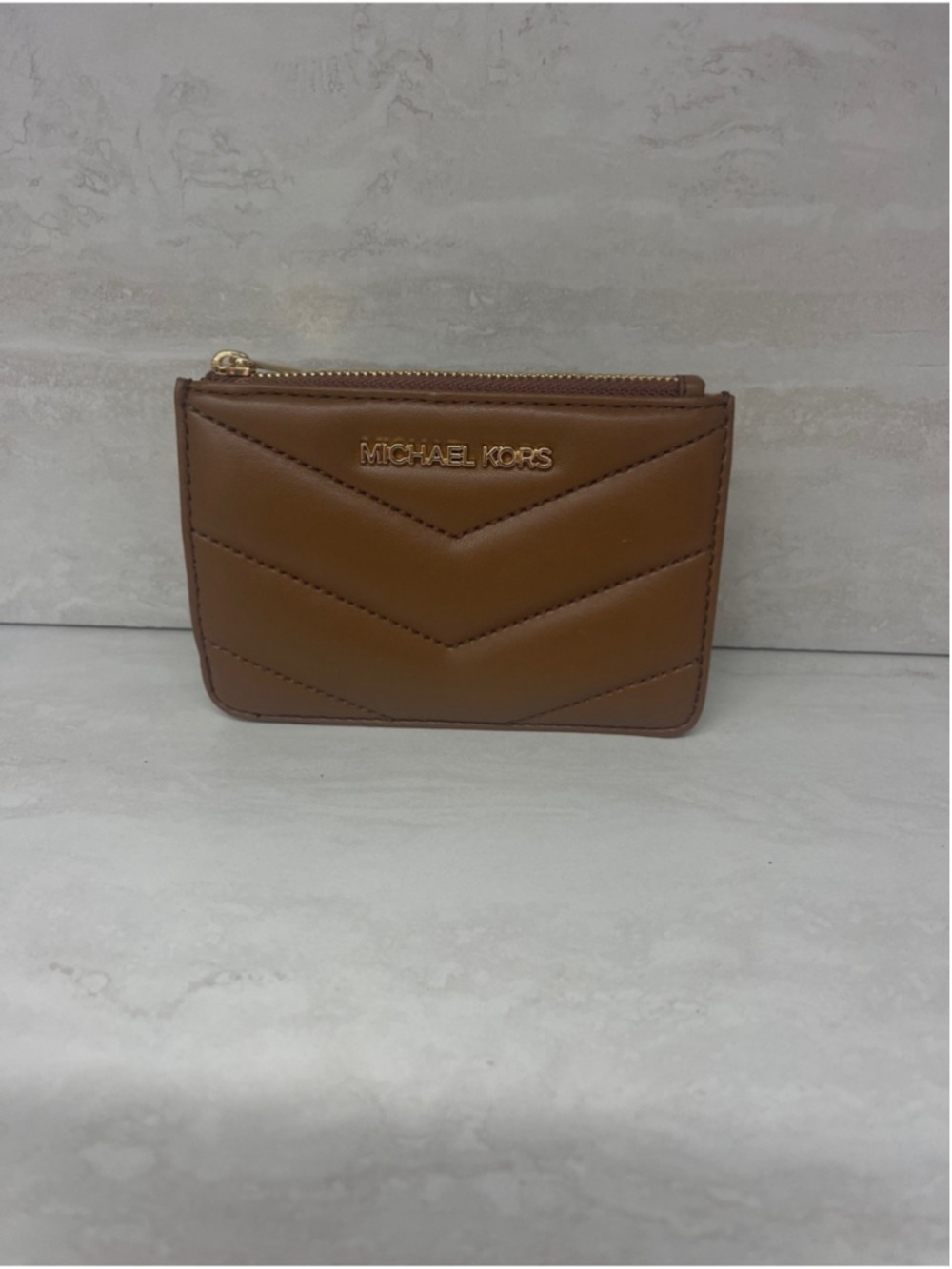 Michael Kors Small Quilted Chevron TZ Coinpouch Keychain With ID Luggage Brown